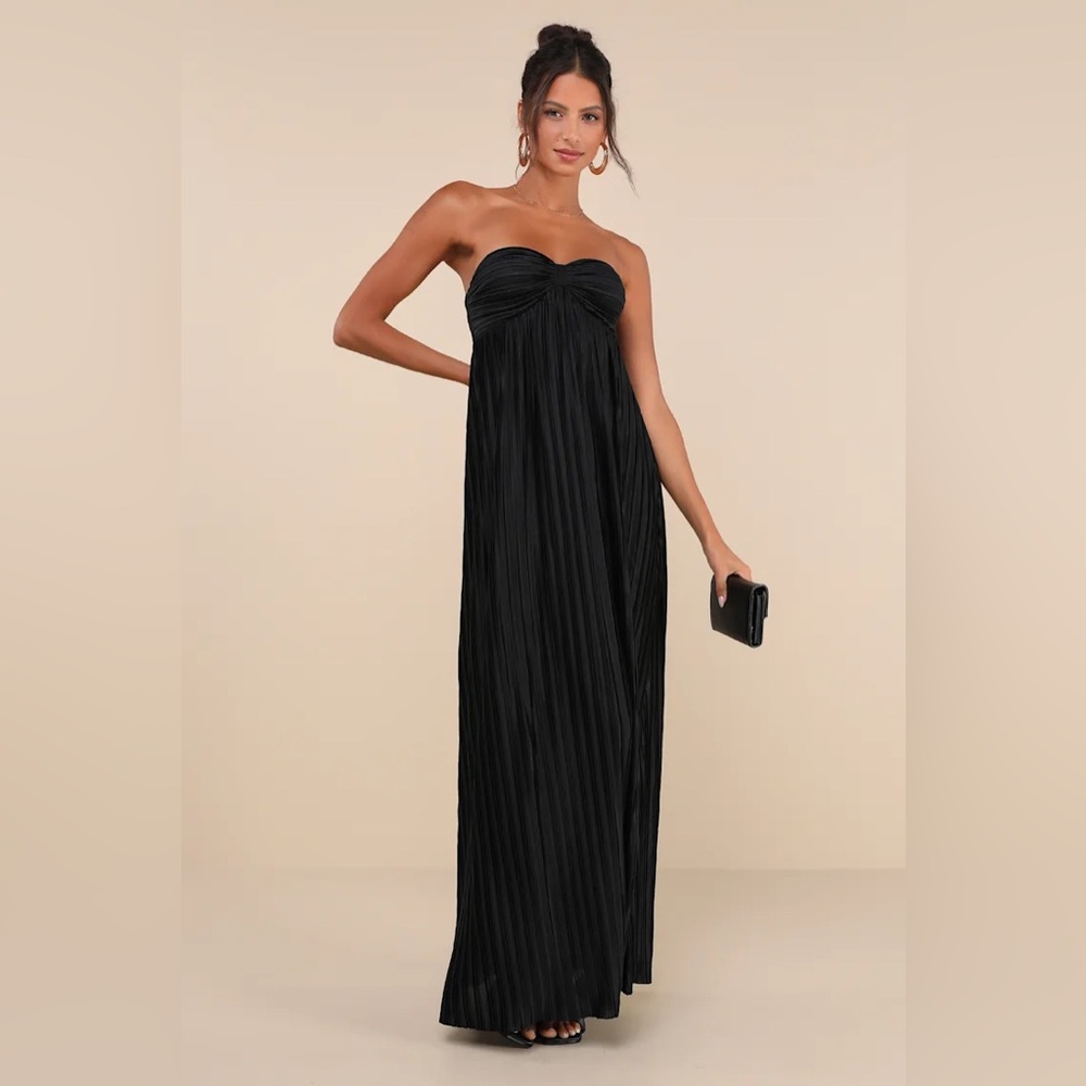 Lulus Whimsical Beauty Black Satin Plisse Strapless Maxi Dress - Size XS